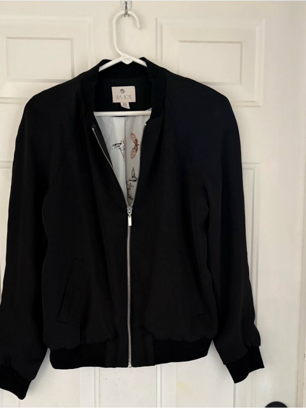 Black Bomber Jacket with Printed Lining